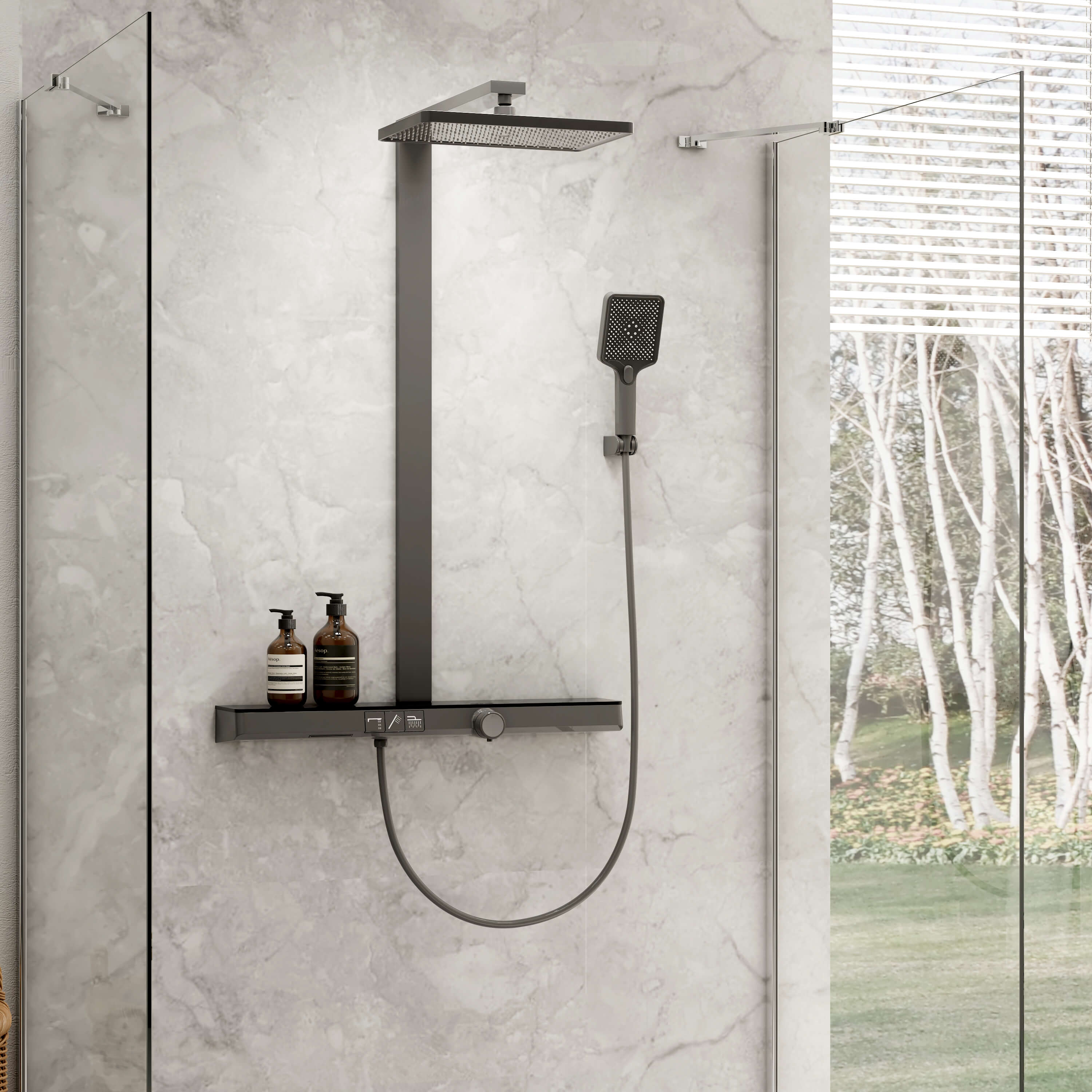 emke-f13-colonne-de-douche-thermostatique-noir-mat-tablette image 1